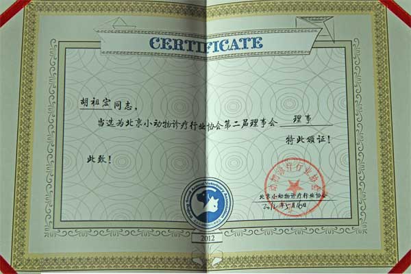北京小動(dòng)物診療協(xié)會(huì)理事證書(shū)